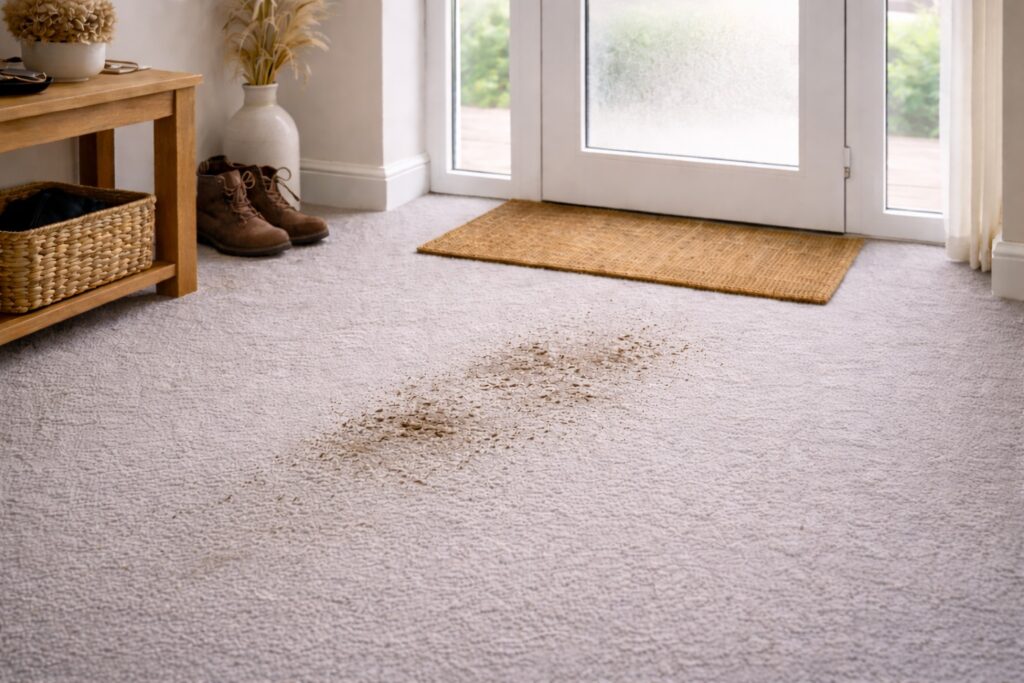 mud on  carpet near a front door